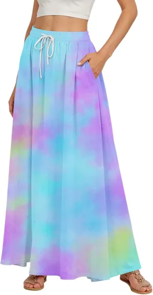 Women's Summer Skirts Maxi Skirts Drawstring Elastic High Waisted Pleated Aline Skirt Boho Long Skirt with Pockets