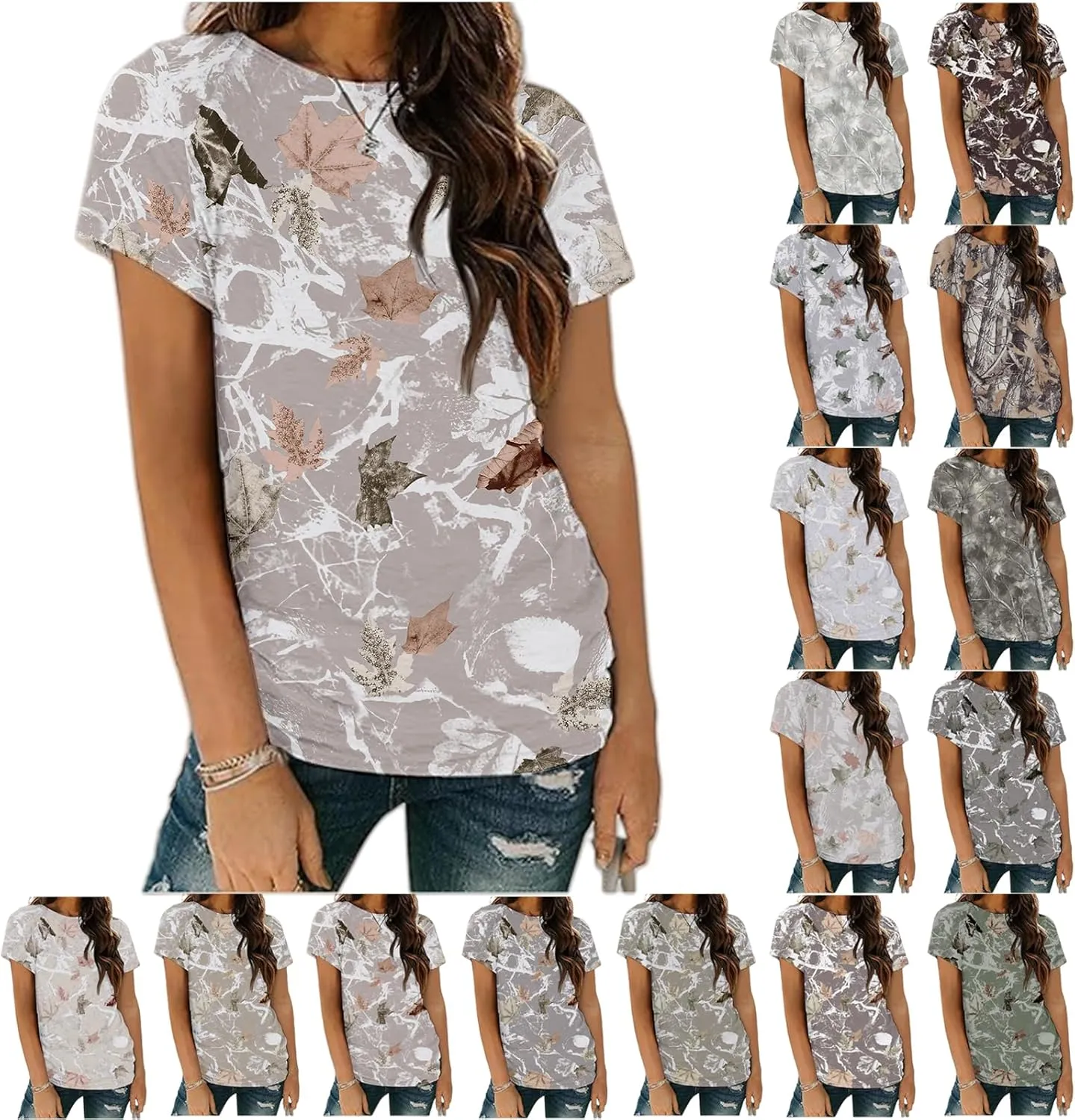 Womens Summer Tops Crew Neck Cute Floral Camo Shirts Summer Short Sleeve Casual Basic Tees T Shirts Trendy Blouses