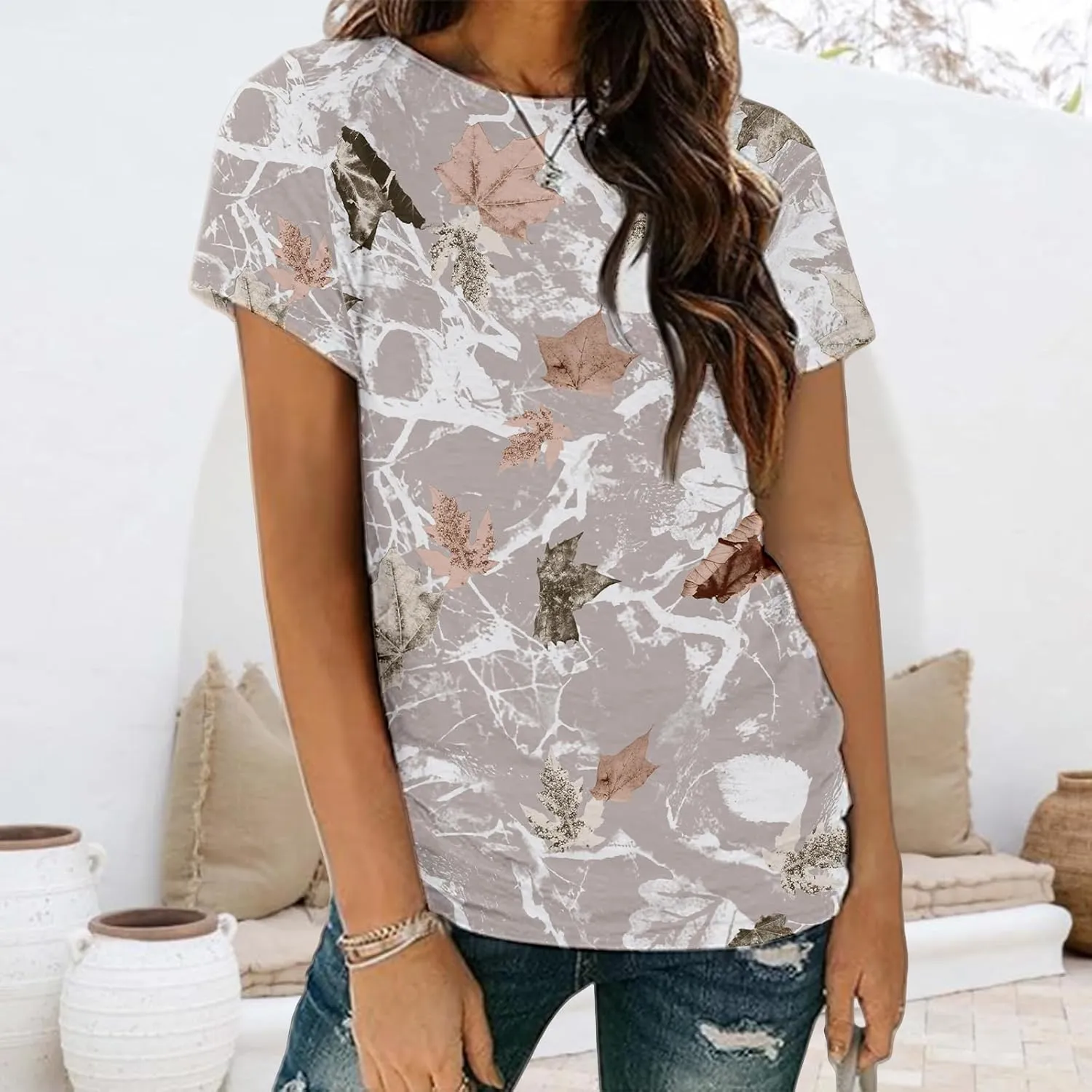 Womens Summer Tops Crew Neck Cute Floral Camo Shirts Summer Short Sleeve Casual Basic Tees T Shirts Trendy Blouses