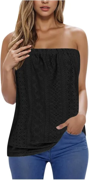 Womens Summer Tube Tops Casual Strapless Eyelet Bandeau Tanks Cute Off Shoulder Tunic Shirts Flowy Vacation Blouses