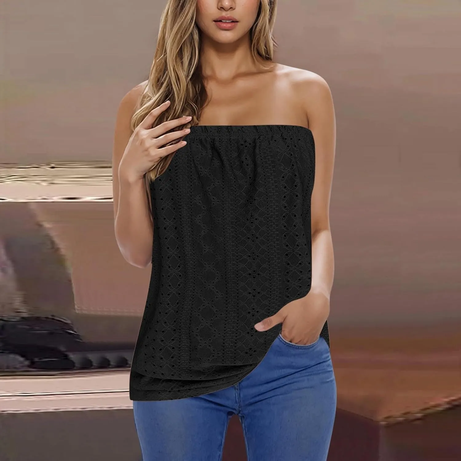 Womens Summer Tube Tops Casual Strapless Eyelet Bandeau Tanks Cute Off Shoulder Tunic Shirts Flowy Vacation Blouses
