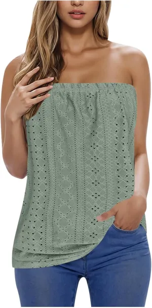 Womens Summer Tube Tops Casual Strapless Eyelet Bandeau Tanks Cute Off Shoulder Tunic Shirts Flowy Vacation Blouses