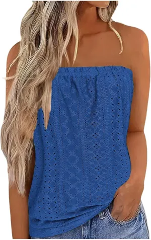 Womens Summer Tube Tops Casual Strapless Eyelet Bandeau Tanks Cute Off Shoulder Tunic Shirts Flowy Vacation Blouses