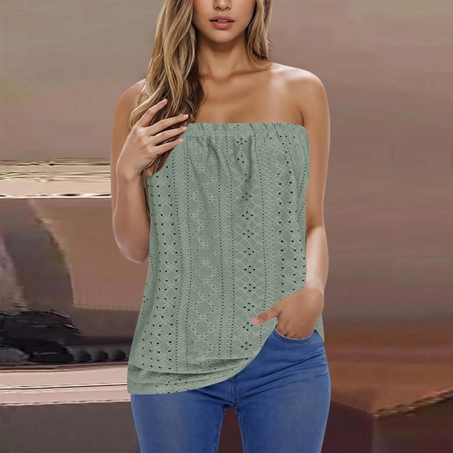 Womens Summer Tube Tops Casual Strapless Eyelet Bandeau Tanks Cute Off Shoulder Tunic Shirts Flowy Vacation Blouses