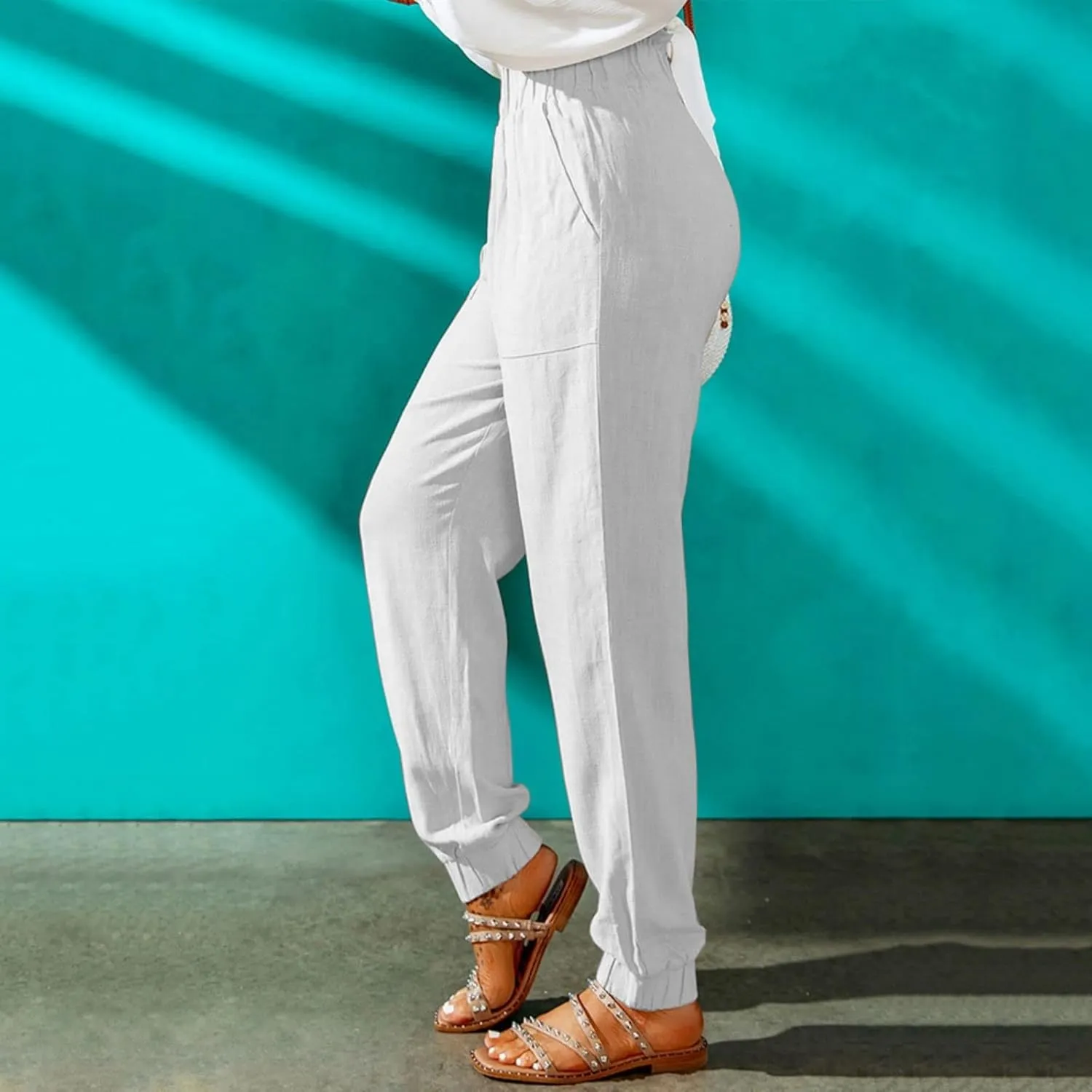 Womens Tapered Pants Summer Stretchy Ruffle High Waisted Pant Business Casual Solid Harem Pants Trousers with Pockets