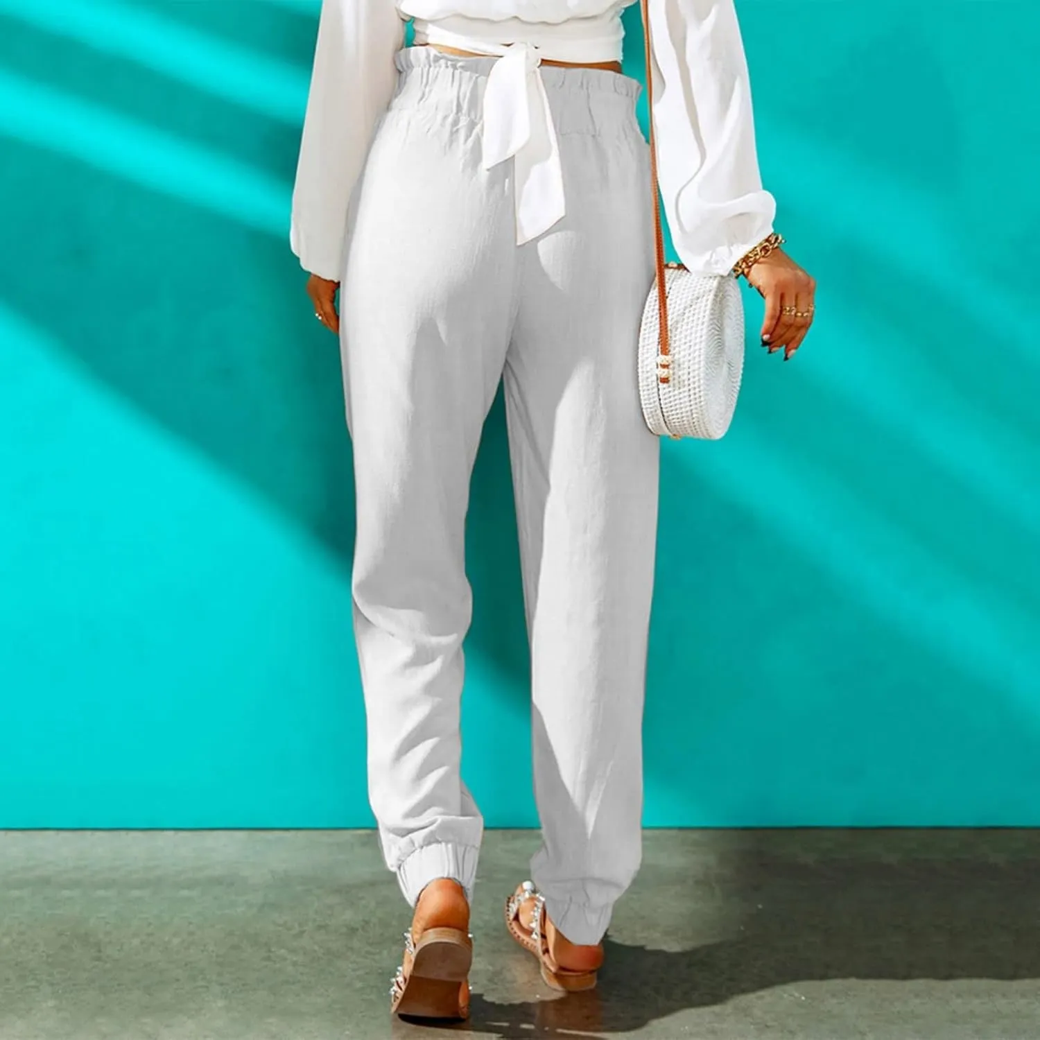 Womens Tapered Pants Summer Stretchy Ruffle High Waisted Pant Business Casual Solid Harem Pants Trousers with Pockets