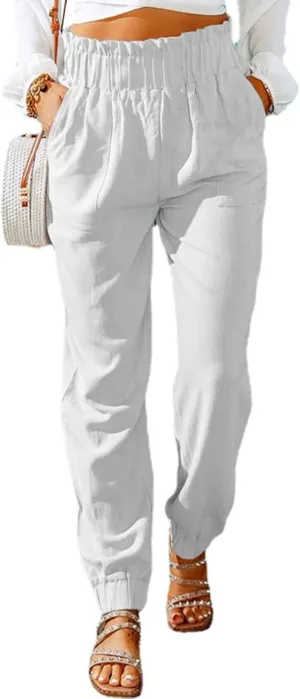 Womens Tapered Pants Summer Stretchy Ruffle High Waisted Pant Business Casual Solid Harem Pants Trousers with Pockets