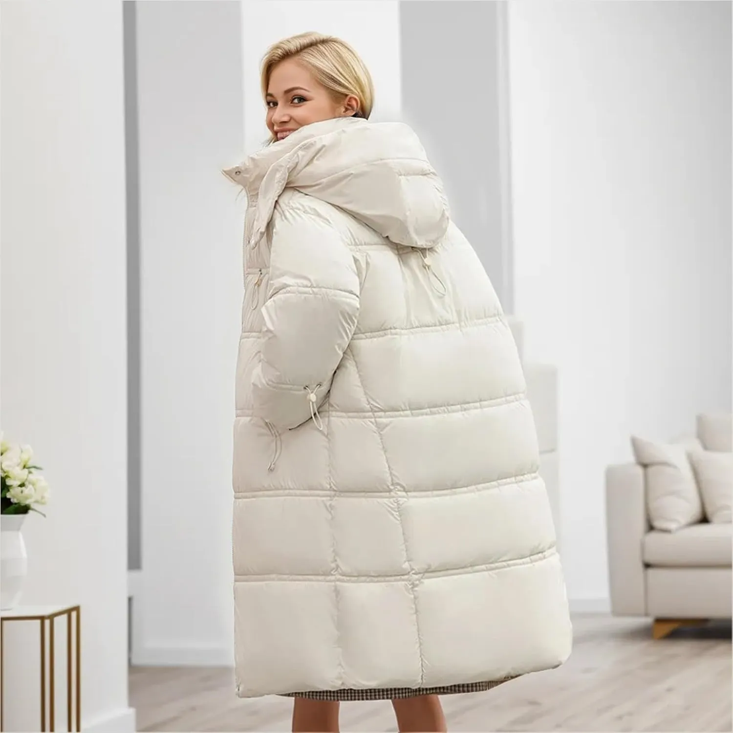 Women's Thickened Down Jackets Winter Warm Long Down Coats Hooded Quilted Puffer Jackets Parkas with Zipper Outerwear