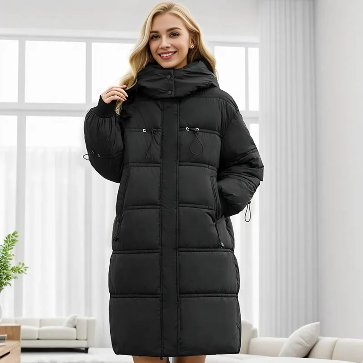 Women's Thickened Down Jackets Winter Warm Long Down Coats Hooded Quilted Puffer Jackets Parkas with Zipper Outerwear