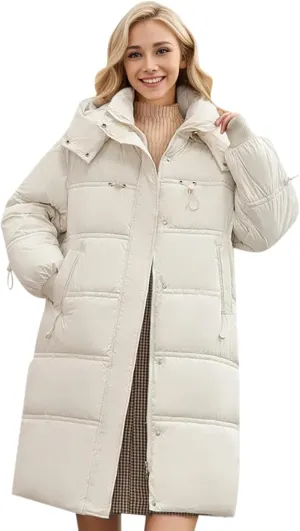 Women's Thickened Down Jackets Winter Warm Long Down Coats Hooded Quilted Puffer Jackets Parkas with Zipper Outerwear