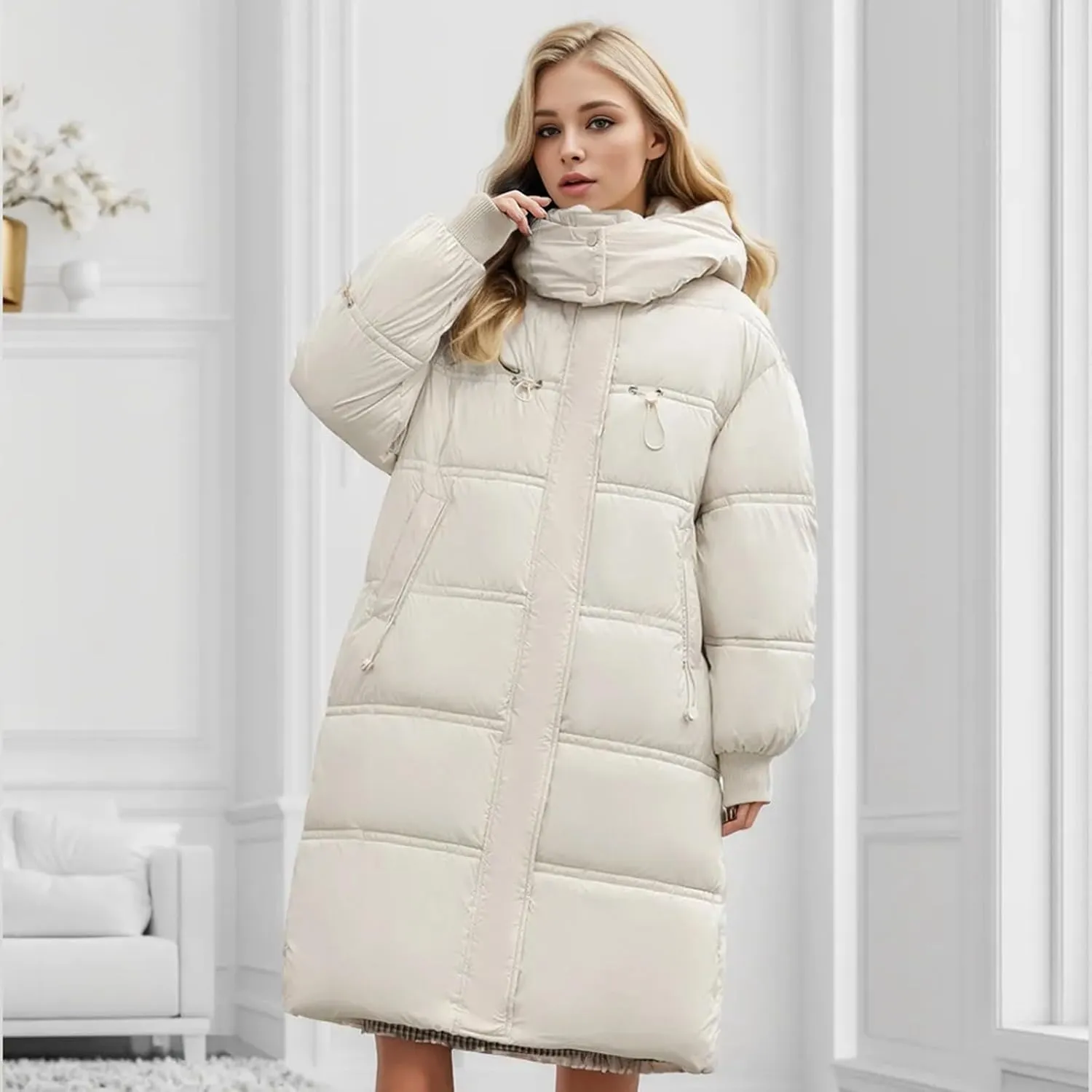 Women's Thickened Down Jackets Winter Warm Long Down Coats Hooded Quilted Puffer Jackets Parkas with Zipper Outerwear