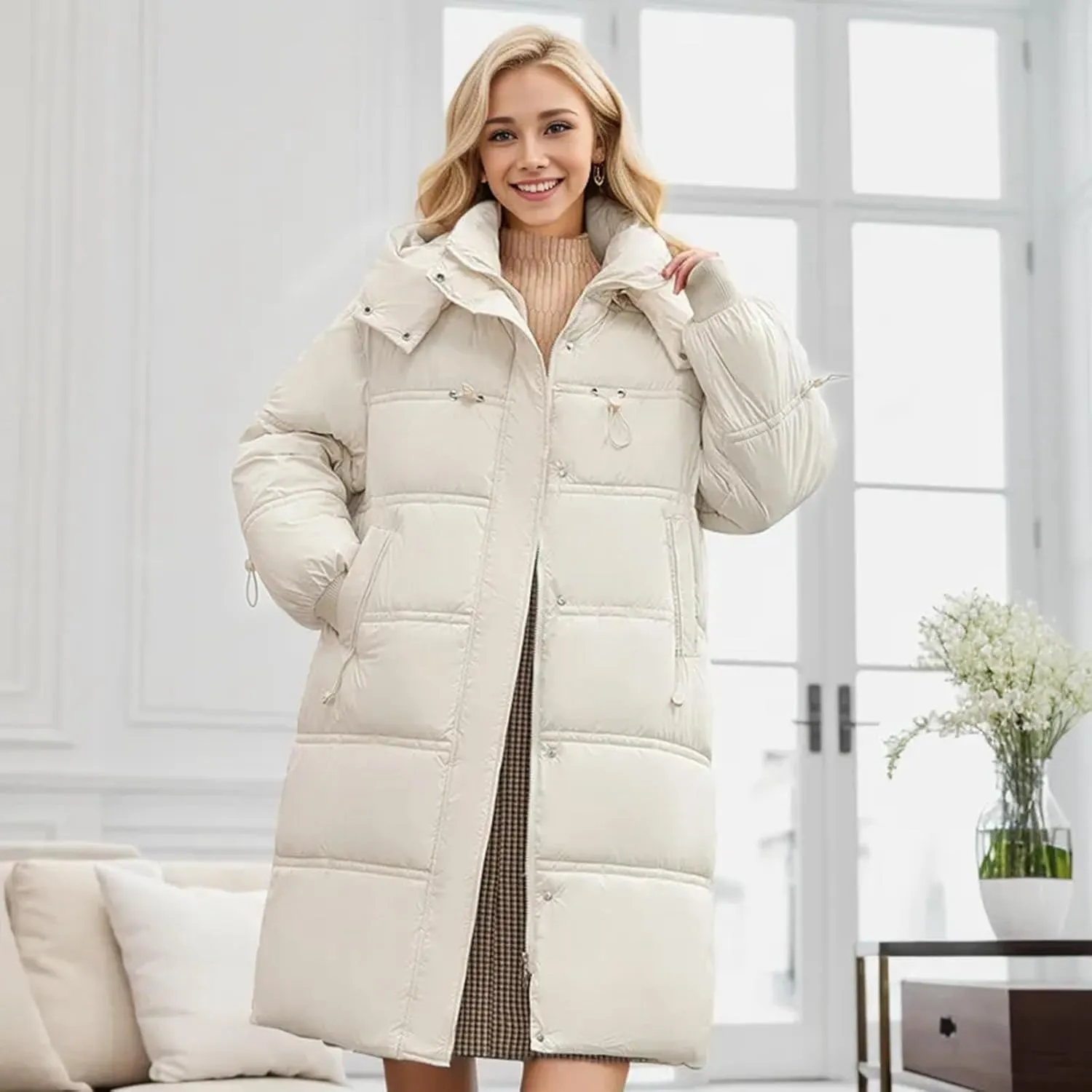 Women's Thickened Down Jackets Winter Warm Long Down Coats Hooded Quilted Puffer Jackets Parkas with Zipper Outerwear