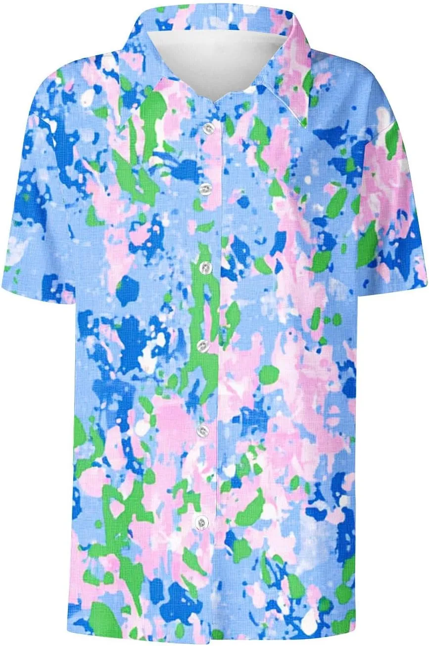 Womens Tropic Leaf Print Hawaiian Shirts Short Sleeve Loose Summer Lapel Tops Button Down Business Casual Beach Blouses