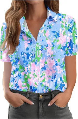 Womens Tropic Leaf Print Hawaiian Shirts Short Sleeve Loose Summer Lapel Tops Button Down Business Casual Beach Blouses