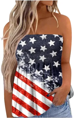 Womens Tube Tops Strapless Bandeau Tops Backless Sexy Tank Tops Smocked Ruffled Backless Tanks American Flag Shirt