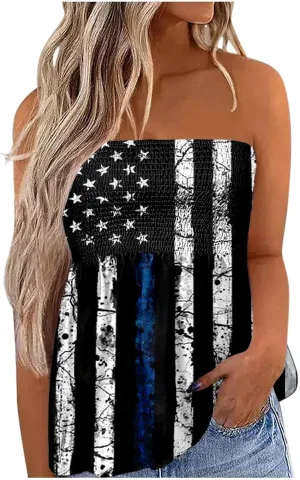 Womens Tube Tops Strapless Bandeau Tops Backless Sexy Tank Tops Smocked Ruffled Backless Tanks American Flag Shirt