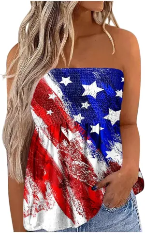 Womens Tube Tops Strapless Bandeau Tops Backless Sexy Tank Tops Smocked Ruffled Backless Tanks American Flag Shirt
