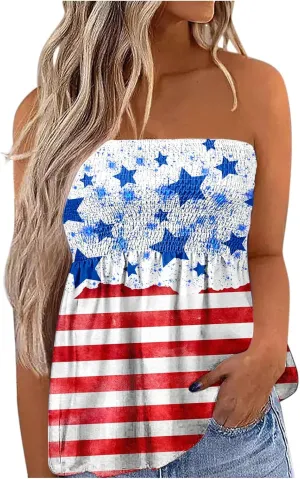 Womens Tube Tops Strapless Bandeau Tops Backless Sexy Tank Tops Smocked Ruffled Backless Tanks American Flag Shirt