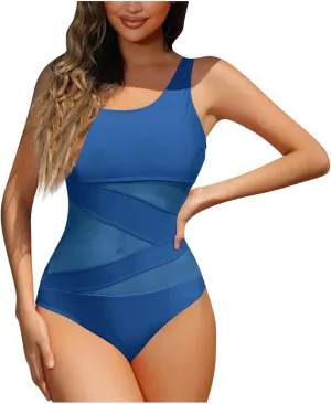 Womens Tummy Control Swimsuits Mesh Patchwork One Piece Backless Bathing Suit Trendy Adjustable Strap Swimwear 2025