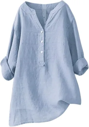 Women's Tunic Blouse Tops Fashion Plus Size Solid Cotton Linen Loose Casual Long Sleeve V Neck Button Up Tees Shirts