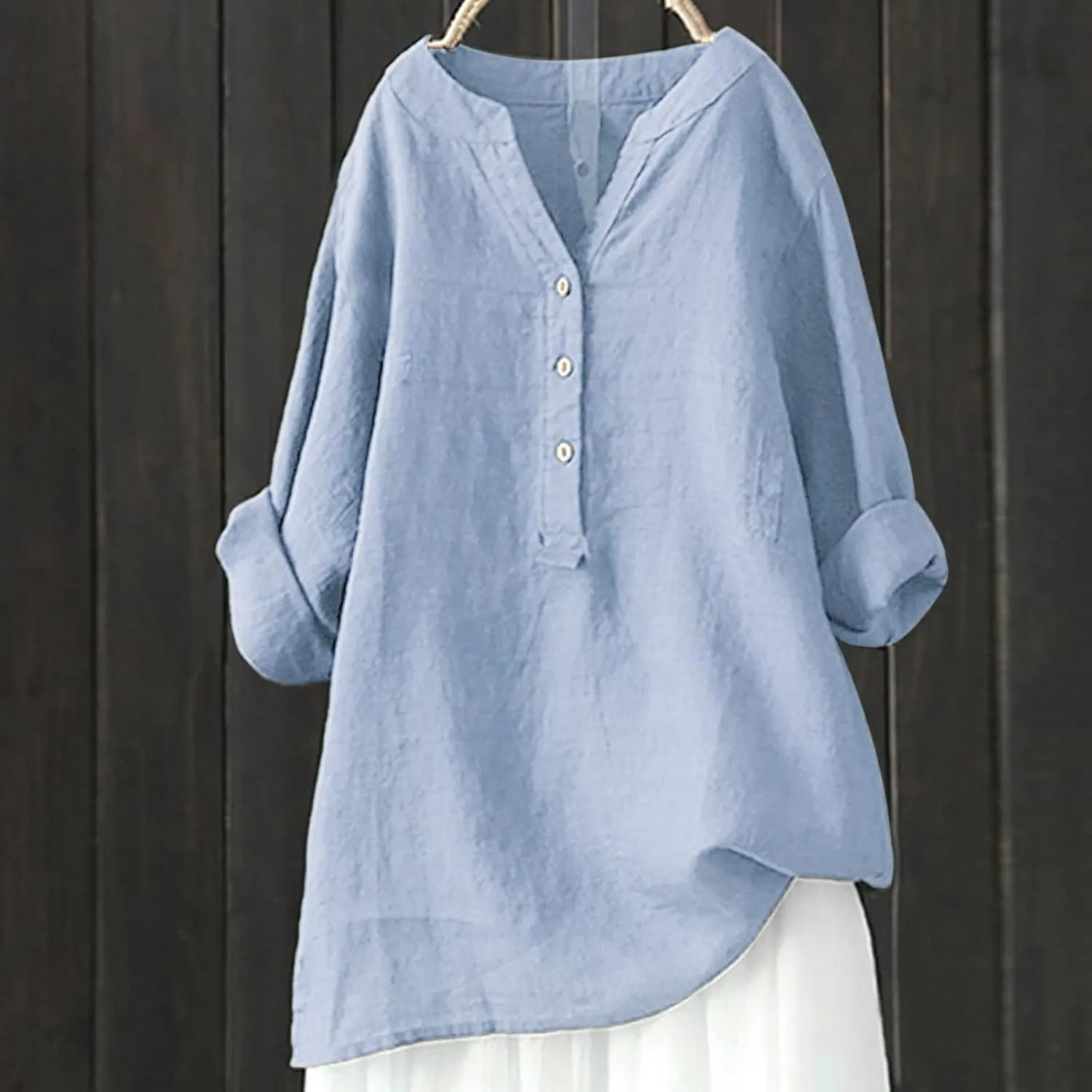 Women's Tunic Blouse Tops Fashion Plus Size Solid Cotton Linen Loose Casual Long Sleeve V Neck Button Up Tees Shirts