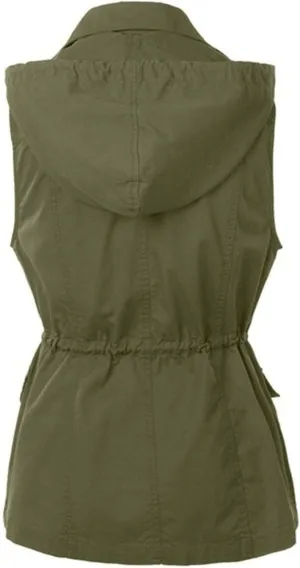 Womens Utility Vest Plus Size Drawstring Waist Military Jacket Casual Button Down Sleeveless Hooded Coat with Pockets