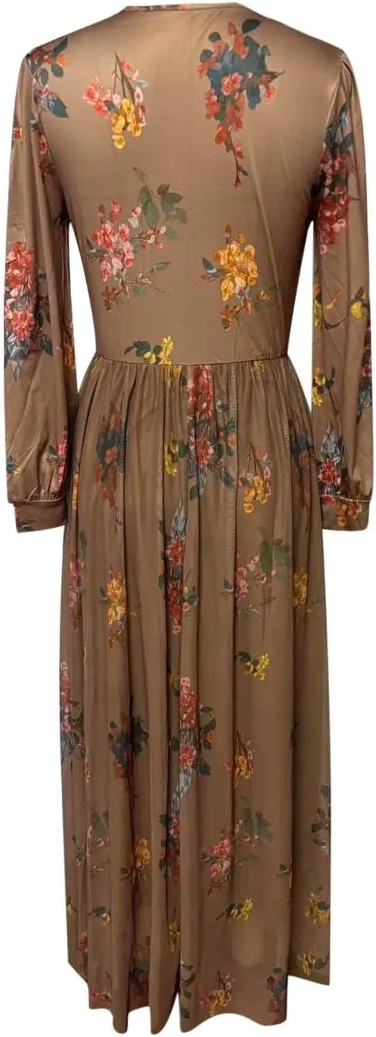 Women's Vintage Pastoral Flower Long Sleeve Dress, Sexy V-Neck Flowy Ruffle Hem Maxi Dress Casual Western Dresses
