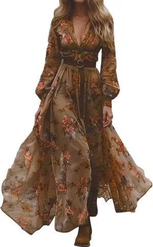 Women's Vintage Pastoral Flower Long Sleeve Dress, Sexy V-Neck Flowy Ruffle Hem Maxi Dress Casual Western Dresses