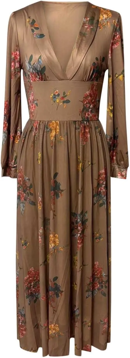 Women's Vintage Pastoral Flower Long Sleeve Dress, Sexy V-Neck Flowy Ruffle Hem Maxi Dress Casual Western Dresses