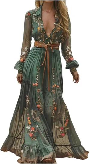 Women's Vintage Pastoral Flower Long Sleeve Dress, Sexy V-Neck Flowy Ruffle Hem Maxi Dress Casual Western Dresses
