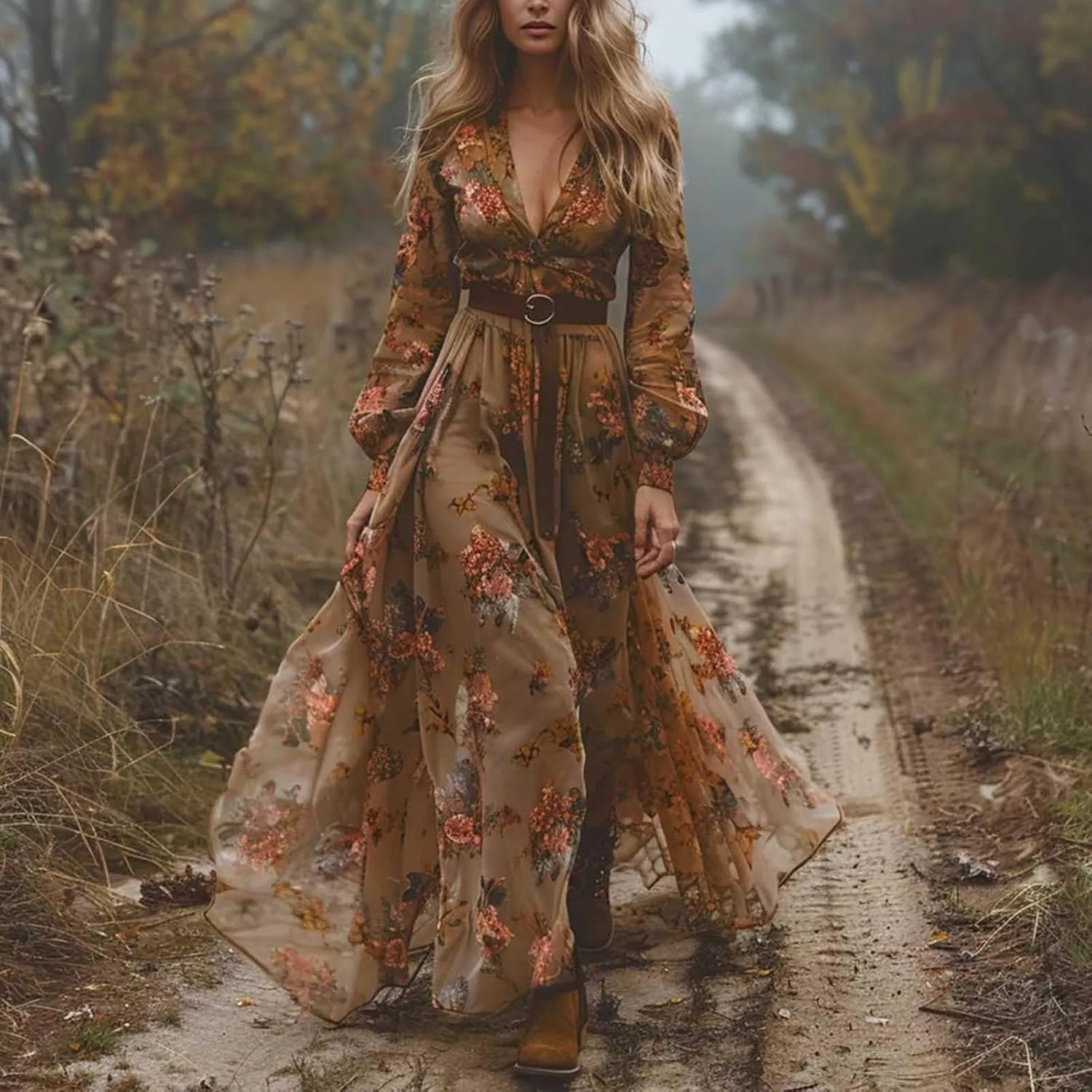 Women's Vintage Pastoral Flower Long Sleeve Dress, Sexy V-Neck Flowy Ruffle Hem Maxi Dress Casual Western Dresses