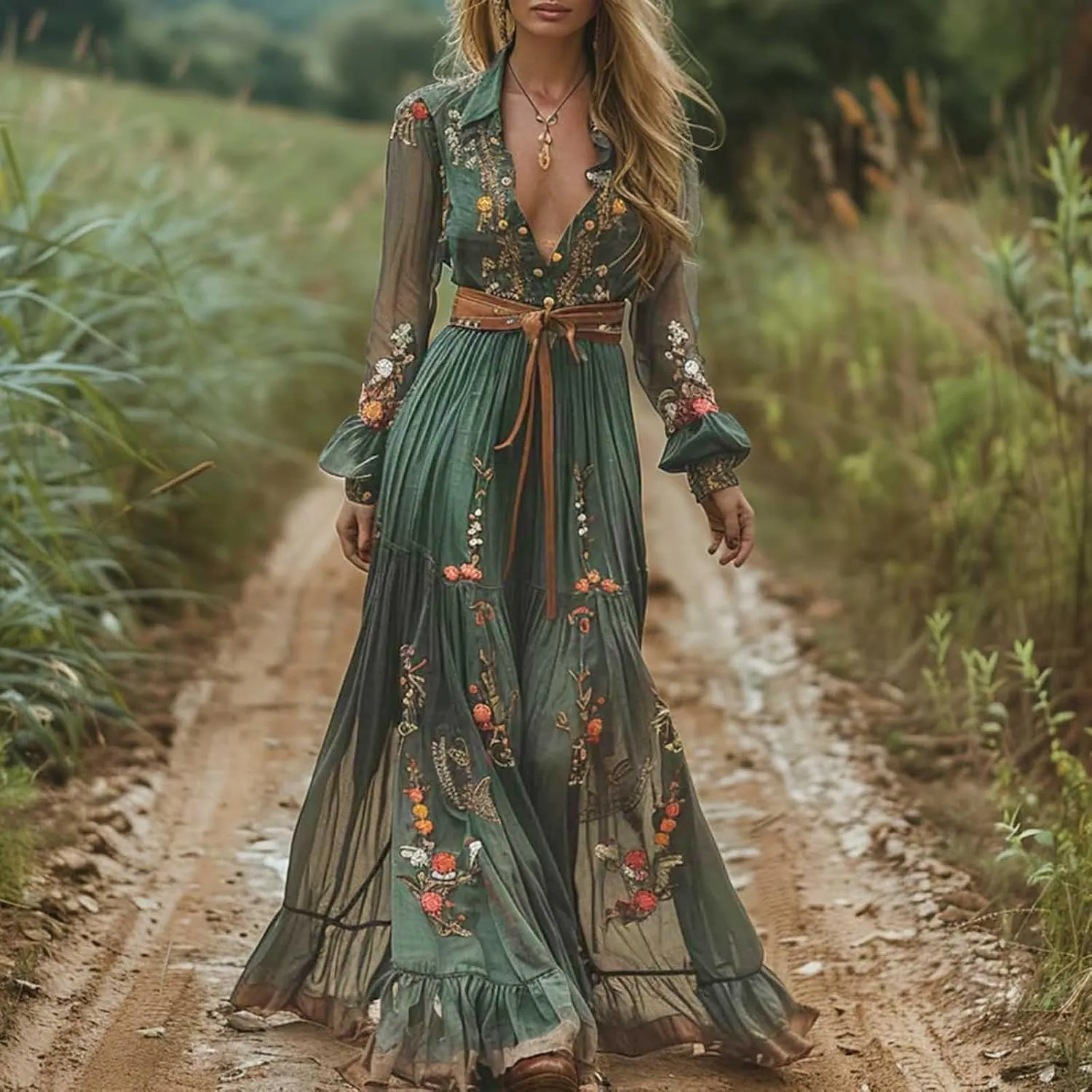 Women's Vintage Pastoral Flower Long Sleeve Dress, Sexy V-Neck Flowy Ruffle Hem Maxi Dress Casual Western Dresses