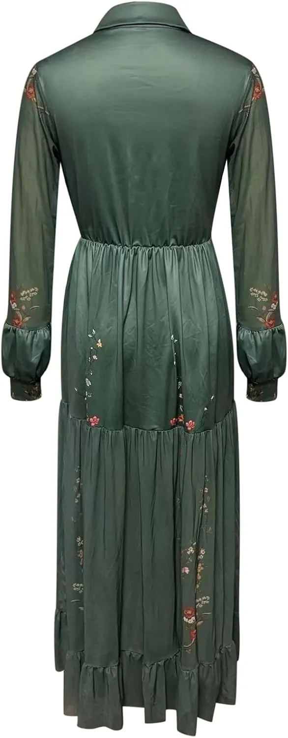 Women's Vintage Pastoral Flower Long Sleeve Dress, Sexy V-Neck Flowy Ruffle Hem Maxi Dress Casual Western Dresses