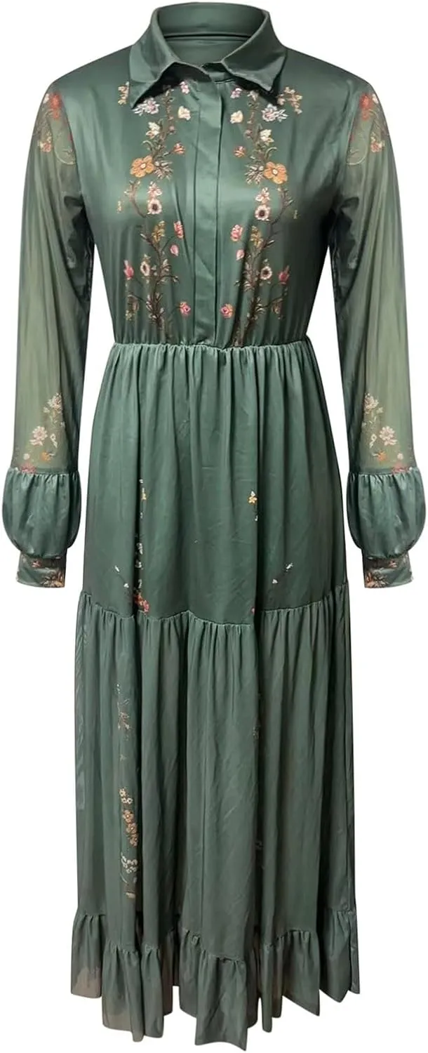 Women's Vintage Pastoral Flower Long Sleeve Dress, Sexy V-Neck Flowy Ruffle Hem Maxi Dress Casual Western Dresses