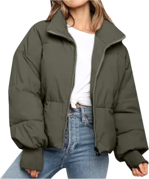 Women's Winter Puffer Long Sleeve Zip Puffer Jacket Baggy Short Down Coats Crop Jackets with Pockets