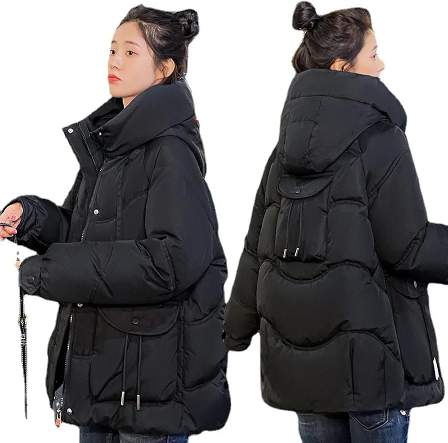 Women's Winter Zip Cropped Puffer Jacket Long Sleeve Warm Hooded Down Coats Loose Fit Quilted Jacket with Pocket