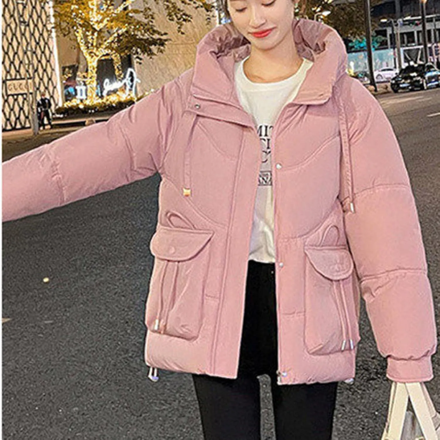 Women's Winter Zip Cropped Puffer Jacket Long Sleeve Warm Hooded Down Coats Loose Fit Quilted Jacket with Pocket
