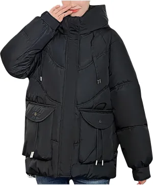 Women's Winter Zip Cropped Puffer Jacket Long Sleeve Warm Hooded Down Coats Loose Fit Quilted Jacket with Pocket