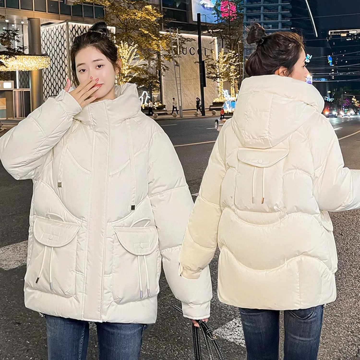 Women's Winter Zip Cropped Puffer Jacket Long Sleeve Warm Hooded Down Coats Loose Fit Quilted Jacket with Pocket