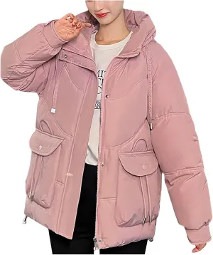 Women's Winter Zip Cropped Puffer Jacket Long Sleeve Warm Hooded Down Coats Loose Fit Quilted Jacket with Pocket
