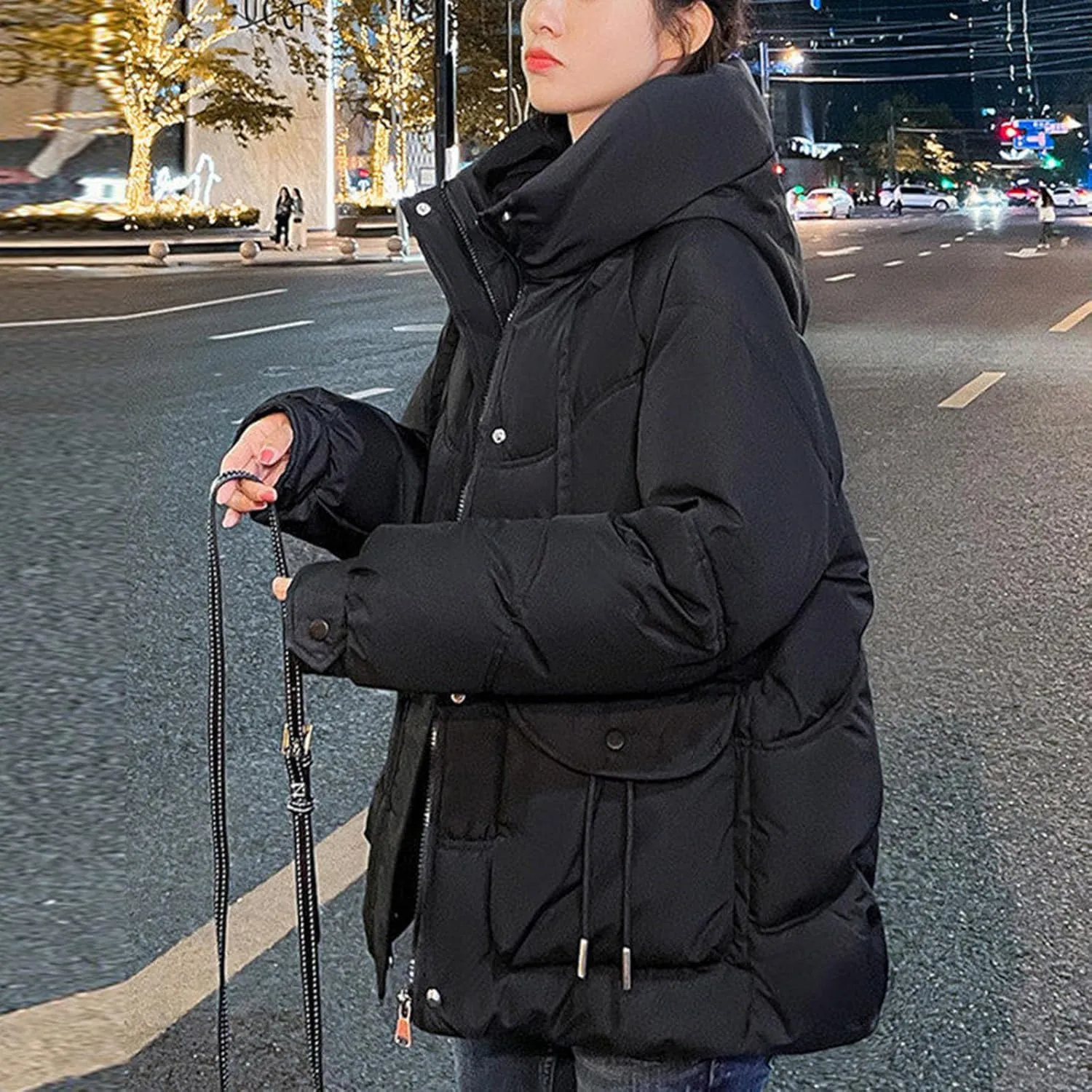 Women's Winter Zip Cropped Puffer Jacket Long Sleeve Warm Hooded Down Coats Loose Fit Quilted Jacket with Pocket