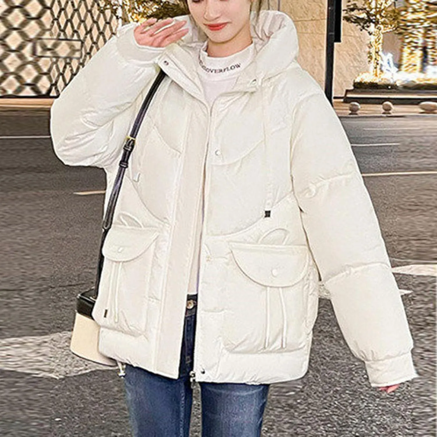 Women's Winter Zip Cropped Puffer Jacket Long Sleeve Warm Hooded Down Coats Loose Fit Quilted Jacket with Pocket