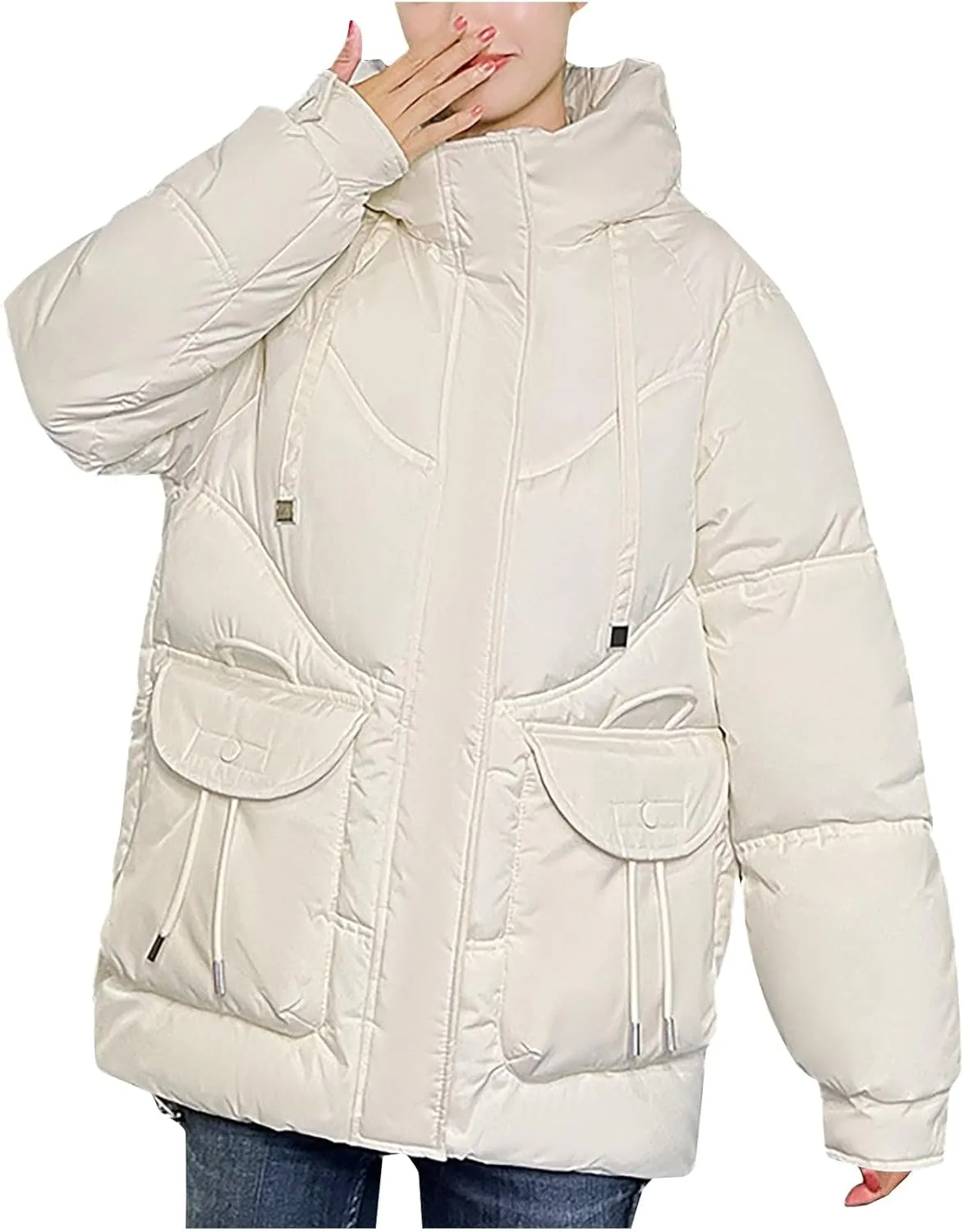 Women's Winter Zip Cropped Puffer Jacket Long Sleeve Warm Hooded Down Coats Loose Fit Quilted Jacket with Pocket