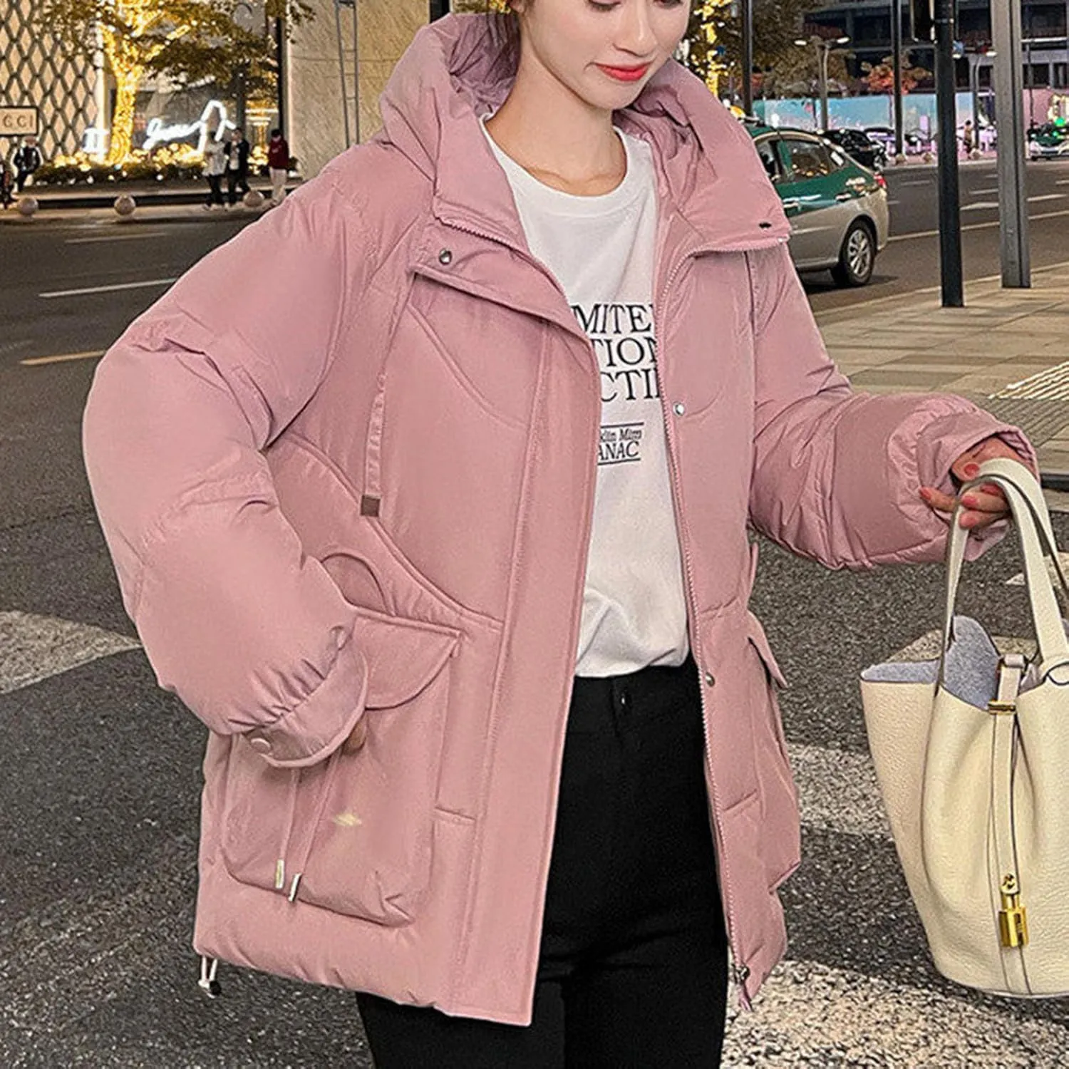 Women's Winter Zip Cropped Puffer Jacket Long Sleeve Warm Hooded Down Coats Loose Fit Quilted Jacket with Pocket
