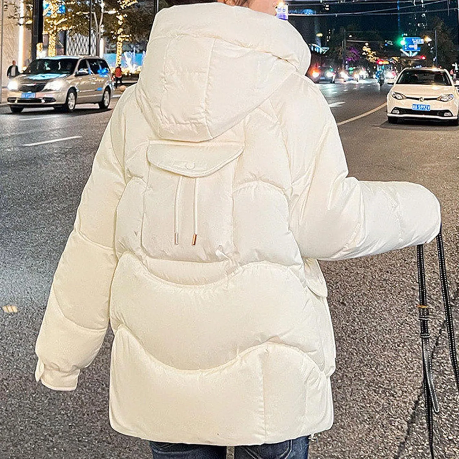 Women's Winter Zip Cropped Puffer Jacket Long Sleeve Warm Hooded Down Coats Loose Fit Quilted Jacket with Pocket