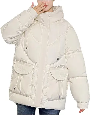 Women's Winter Zip Cropped Puffer Jacket Long Sleeve Warm Hooded Down Coats Loose Fit Quilted Jacket with Pocket