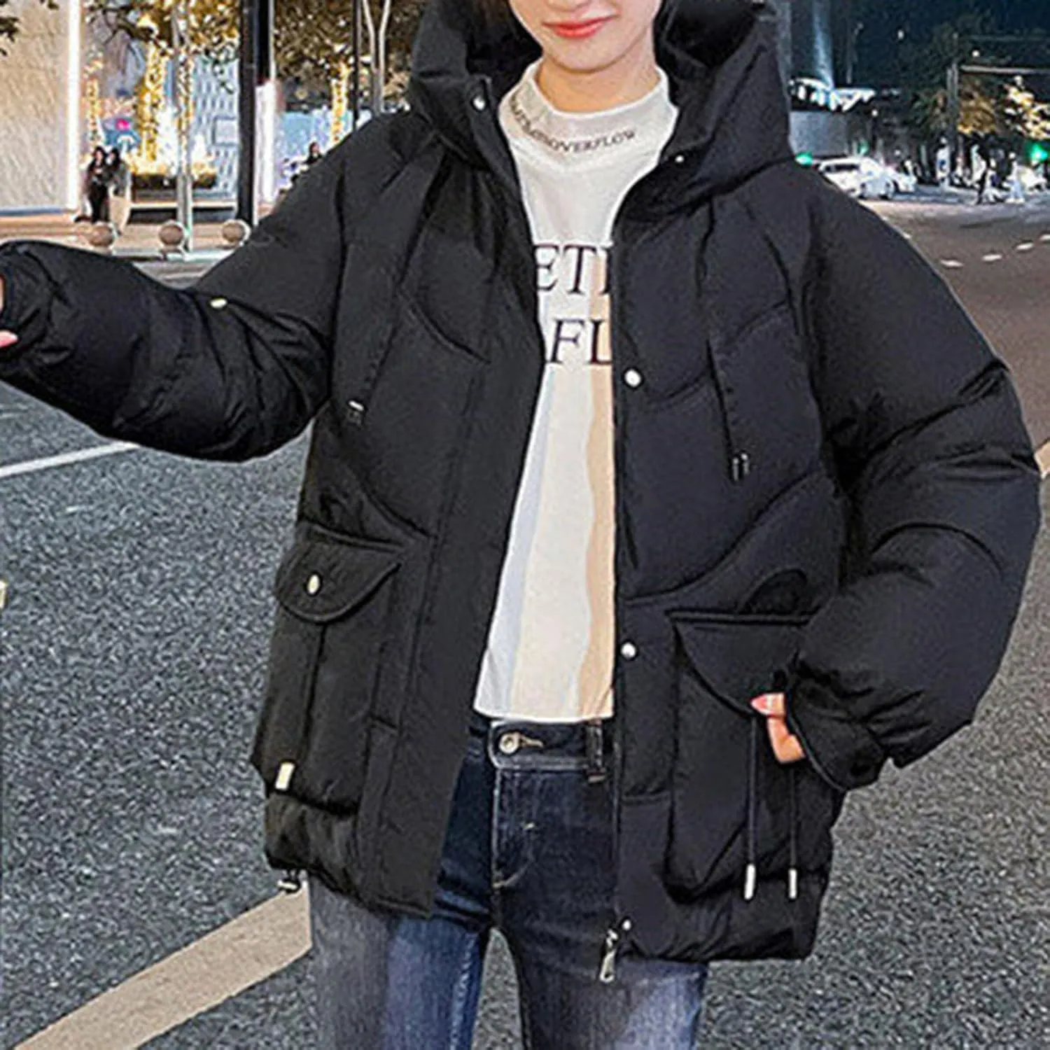 Women's Winter Zip Cropped Puffer Jacket Long Sleeve Warm Hooded Down Coats Loose Fit Quilted Jacket with Pocket