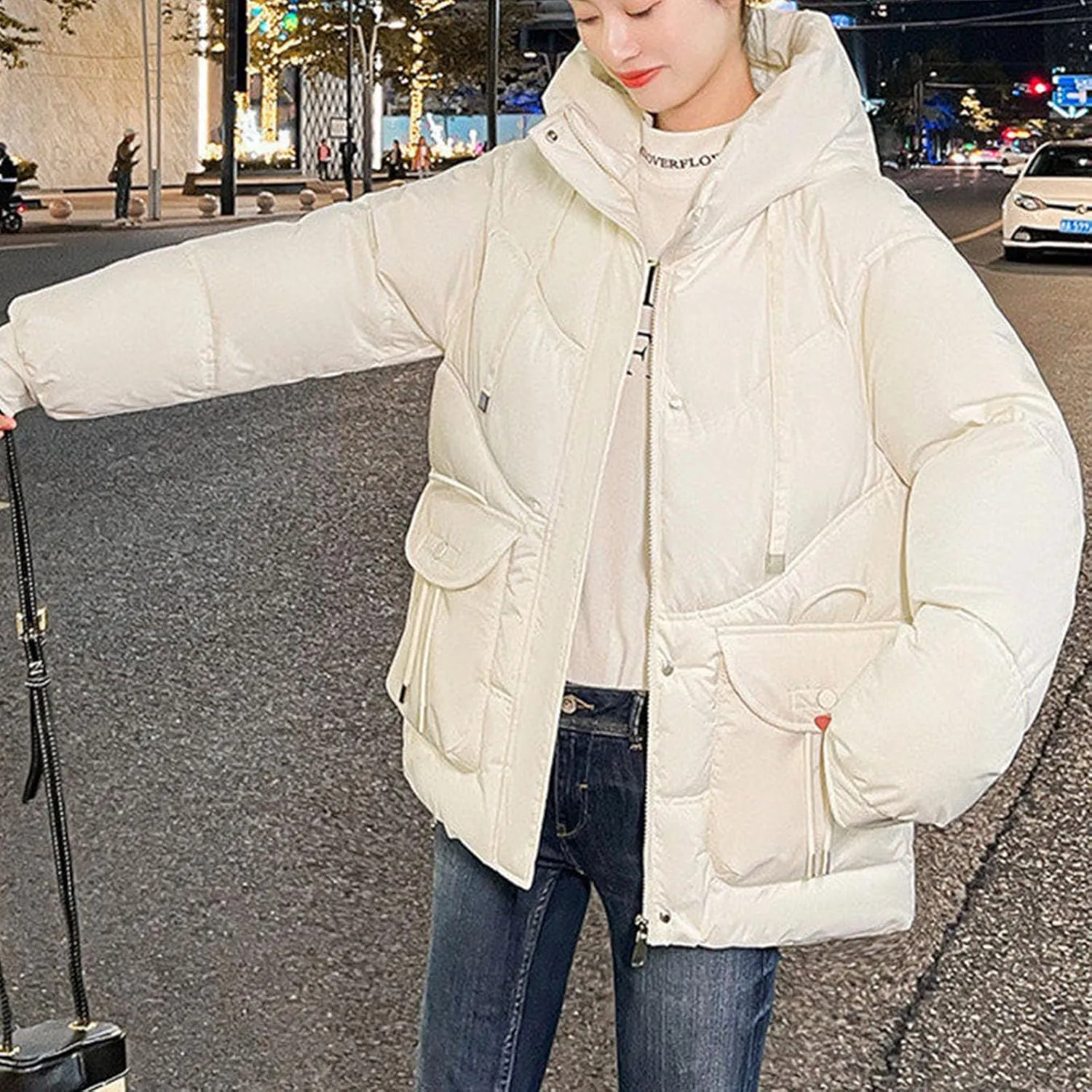 Women's Winter Zip Cropped Puffer Jacket Long Sleeve Warm Hooded Down Coats Loose Fit Quilted Jacket with Pocket