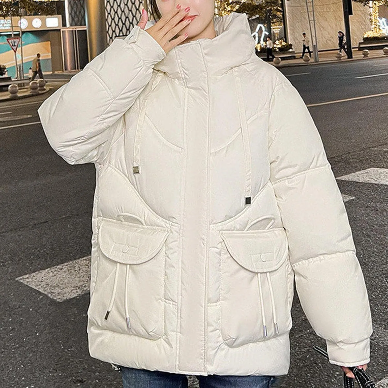 Women's Winter Zip Cropped Puffer Jacket Long Sleeve Warm Hooded Down Coats Loose Fit Quilted Jacket with Pocket