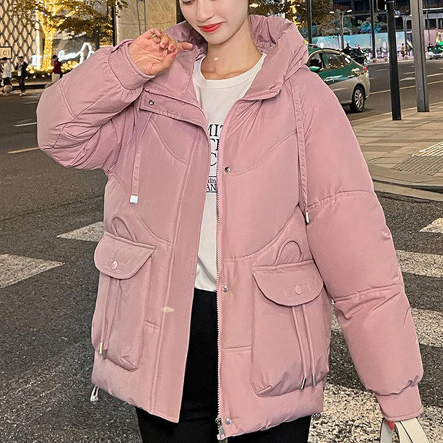 Women's Winter Zip Cropped Puffer Jacket Long Sleeve Warm Hooded Down Coats Loose Fit Quilted Jacket with Pocket